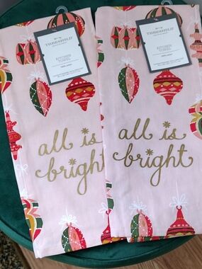 Set of 2 Cotton Pink Green Holiday Christmas Ornament Kitchen Towel
